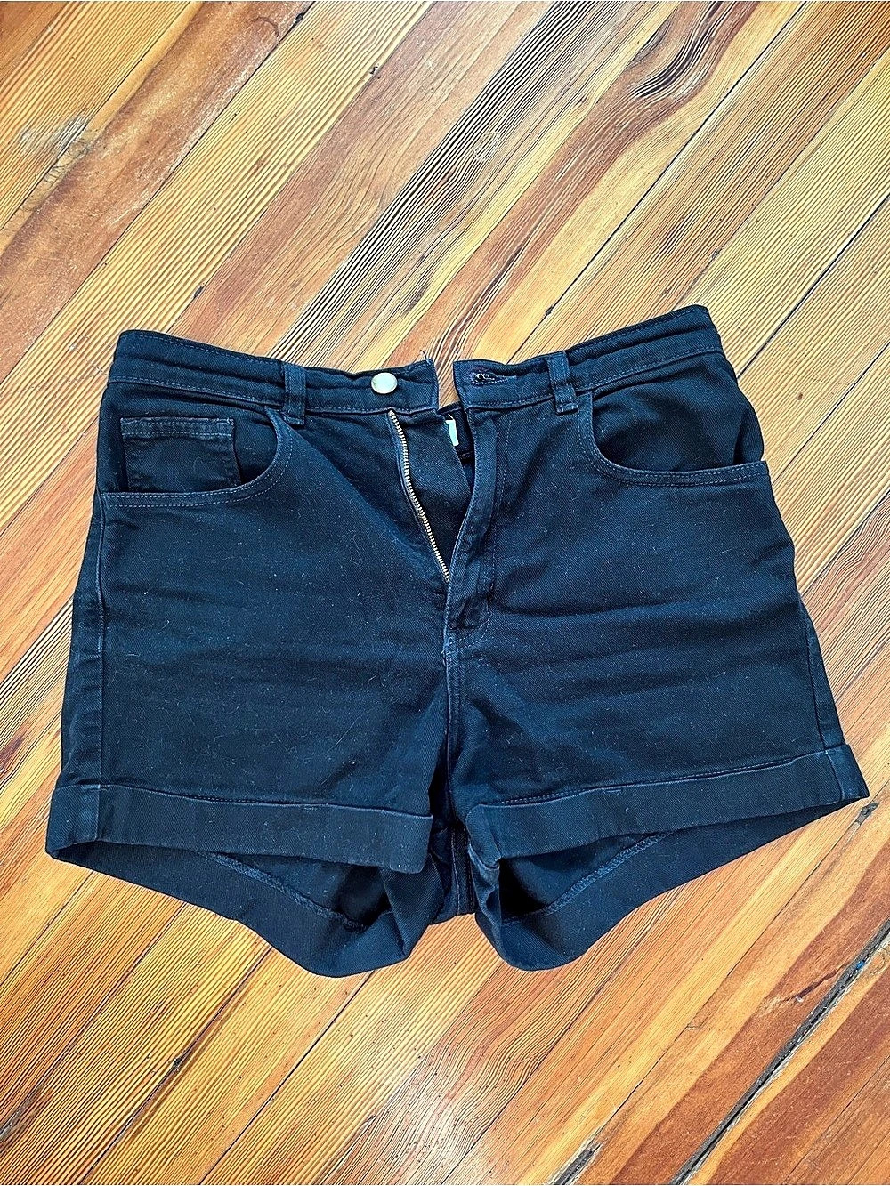 American Apparel High-Waisted Cuffed Denim Shorts Black Waist 30